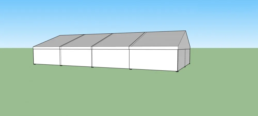 Nový párty stan 10x20 m — 3D vizualizace čelního pohledu s plným bílým opláštěním