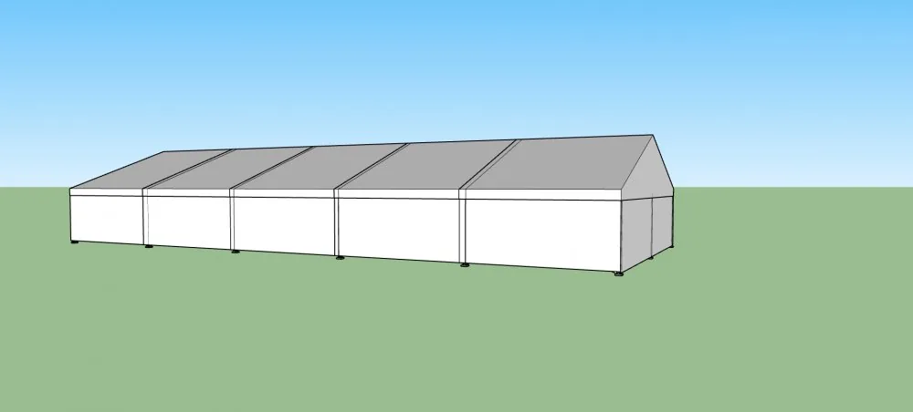 Nový párty stan 10x25 m — 3D vizualizace čelního pohledu s plným bílým opláštěním