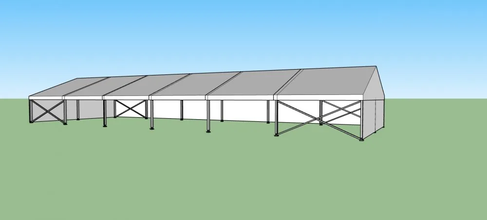 Nový párty stan 10x30 m — 3D vizualizace bočního pohledu s hliníkovou konstrukcí a křížovým výztužením
