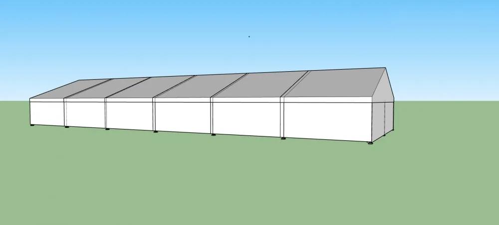 Nový párty stan 10x30 m — 3D vizualizace čelního pohledu s plným bílým opláštěním