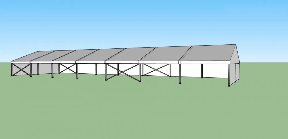 Nový párty stan 10x35 m — 3D vizualizace bočního pohledu s hliníkovou konstrukcí a křížovým výztužením