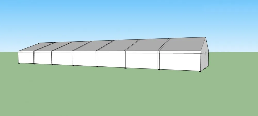 Nový párty stan 10x35 m — 3D vizualizace čelního pohledu s plným bílým opláštěním