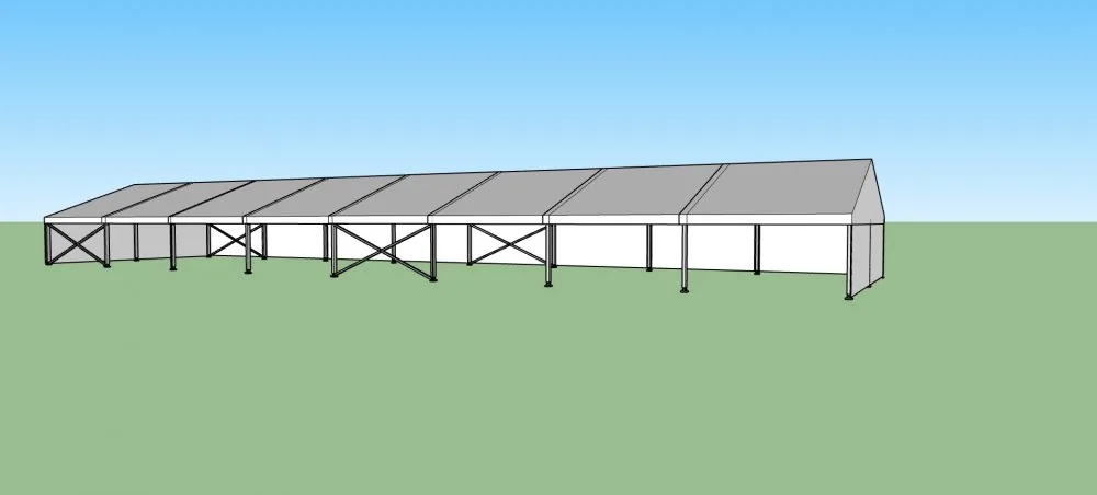 Nový párty stan 10x40 m — 3D vizualizace bočního pohledu s hliníkovou konstrukcí a křížovým výztužením