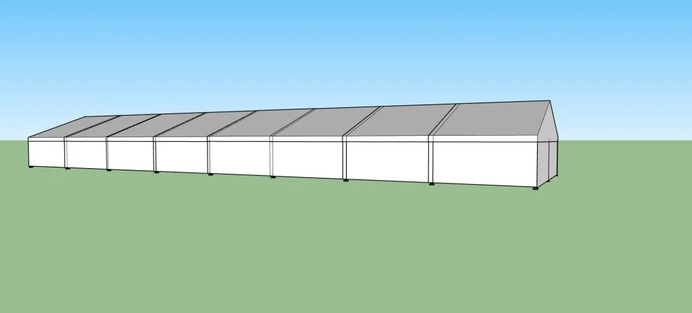 Nový párty stan 10x40 m — 3D vizualizace čelního pohledu s plným bílým opláštěním