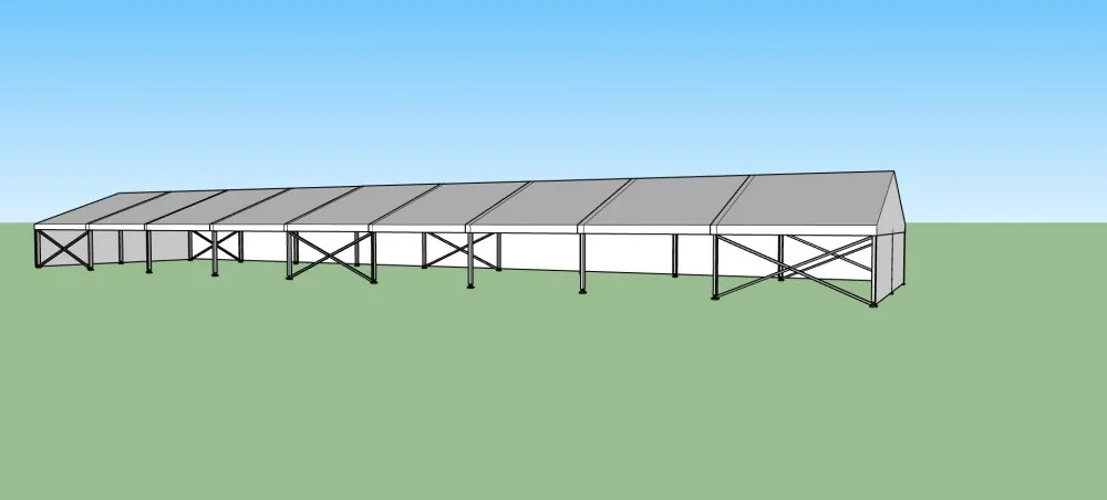 Nový párty stan 10x45 m — 3D vizualizace bočního pohledu s hliníkovou konstrukcí a křížovým výztužením
