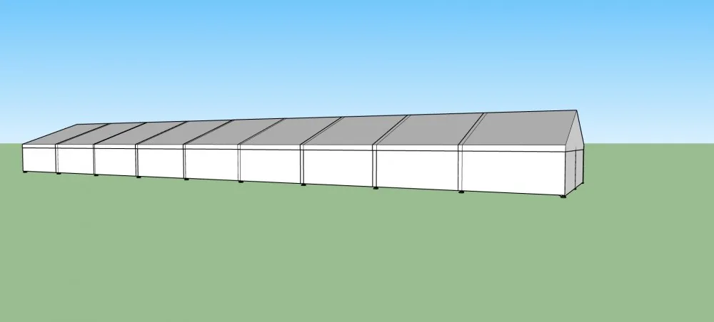 Nový párty stan 10x45 m — 3D vizualizace čelního pohledu s plným bílým opláštěním