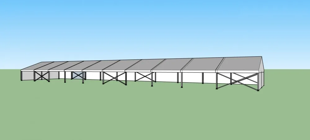 Nový párty stan 10x50 m — 3D vizualizace bočního pohledu s hliníkovou konstrukcí a křížovým výztužením