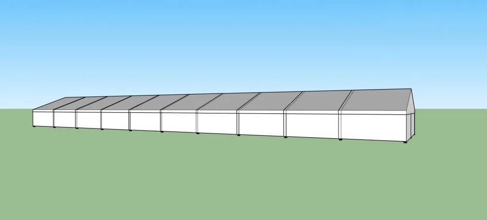 Nový párty stan 10x50 m — 3D vizualizace čelního pohledu s plným bílým opláštěním