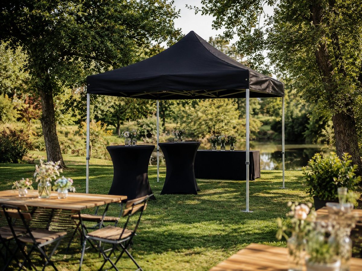 Nůžkový stan 3x3 m černý v zahradním prostředí na outdoor eventu se stoly a židlemi