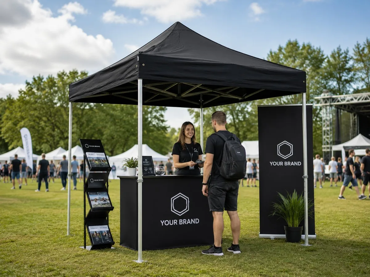 Nůžkový stan na firemní prezentaci a outdoor eventu s recepcí a roll-up bannerem