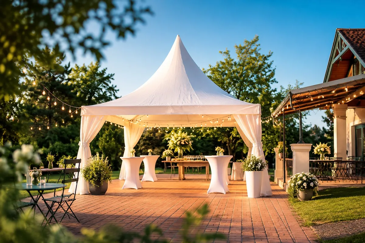 Elegantní stan Pagoda 5x5 osvětlený řetězovými světly na svatební párty