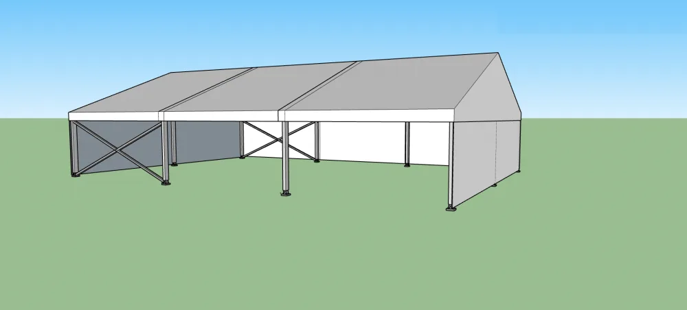 Párty stan 10x15 m s bílým opláštěním a konstrukcí – boční pohled