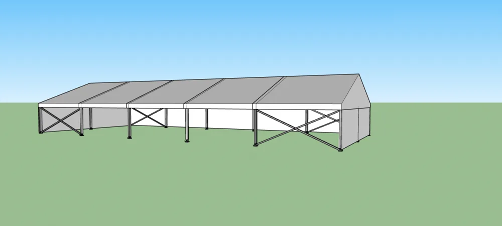 Párty stan 10x25 m s konstrukcí a bočními stěnami – 3D vizualizace