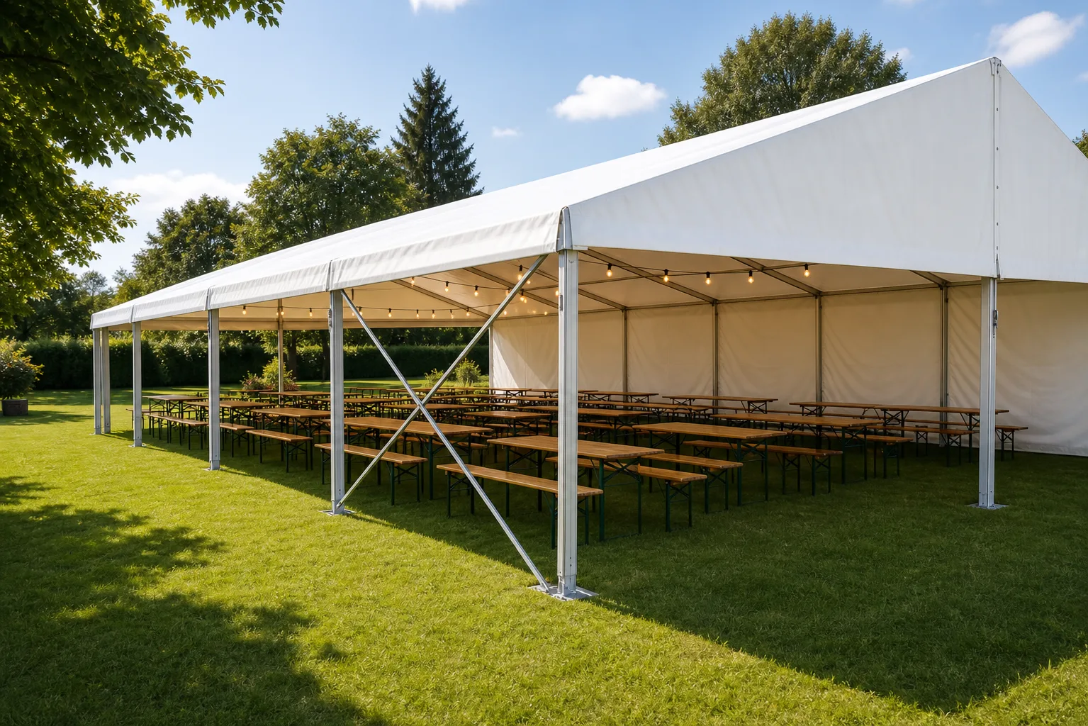 Otevřený párty stan 10x25 m s pivními sety a řetězovým osvětlením