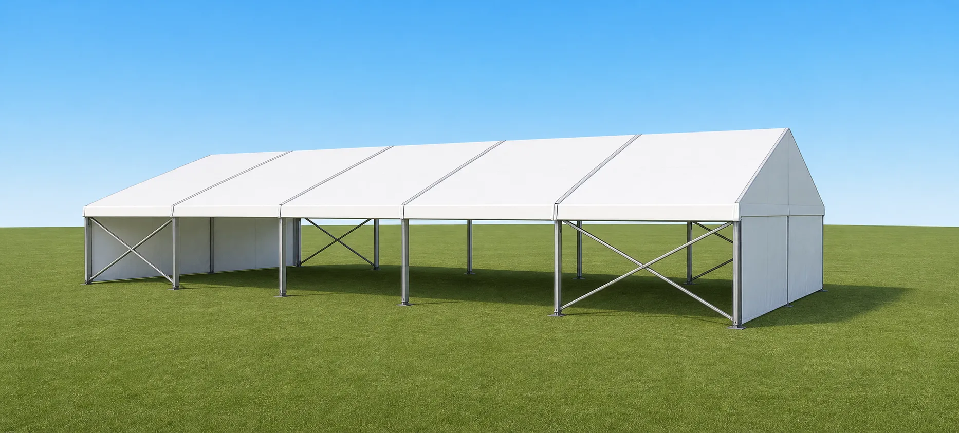 3D vizualizace párty stanu 10x25 m s konstrukcí a bílým opláštěním
