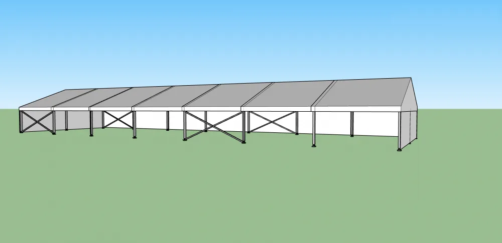 Párty stan 10x35 m s konstrukcí a bočními stěnami – 3D vizualizace