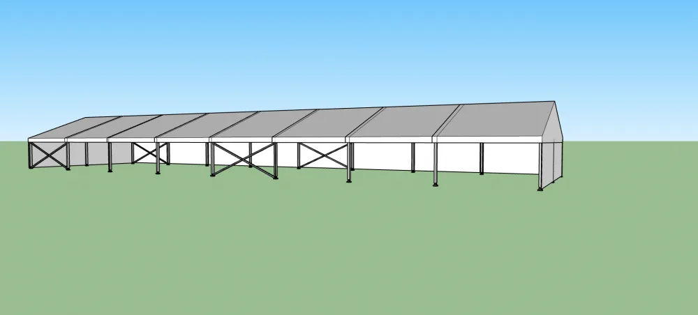 Párty stan 10x40 m s konstrukcí a bočními stěnami – 3D vizualizace