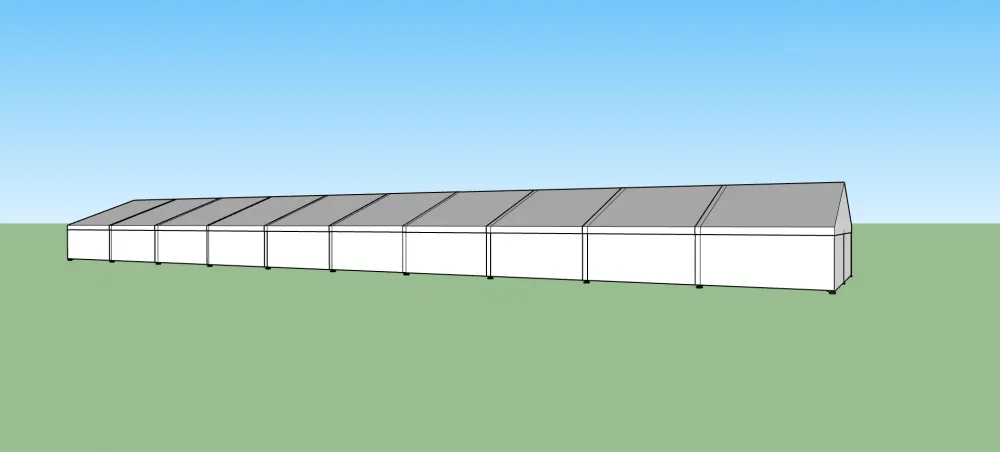 Párty stan 10x50 m s bílým opláštěním – 3D vizualizace