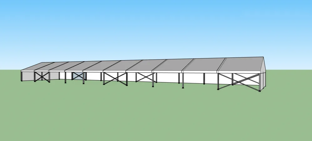 Párty stan 10x50 m s konstrukcí a bočními stěnami – 3D vizualizace