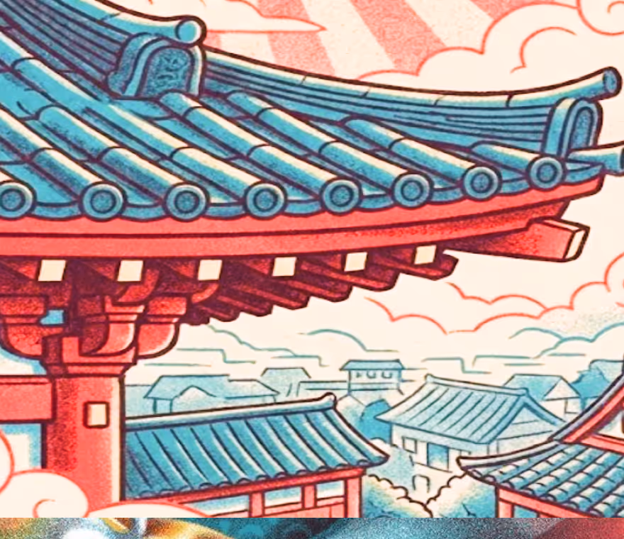 Illustration of traditional East Asian architectural roofs with blue tiles and red wooden beams against a cloudy sky.