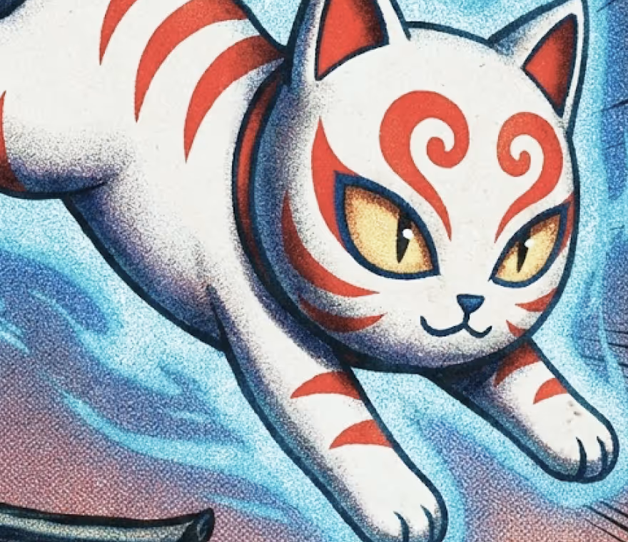 Illustration of a white cat with red markings and yellow eyes surrounded by blue swirls.
