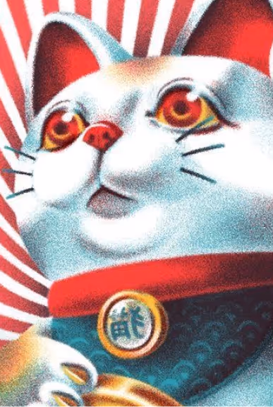Close-up of a white maneki-neko cat figurine with red ears, red collar, and a gold coin pendant against a red and white striped background.