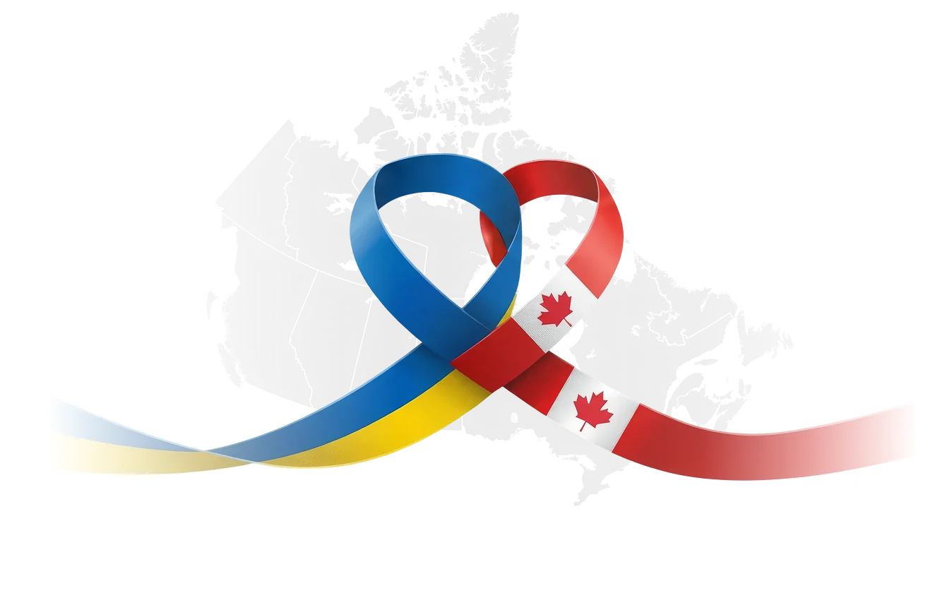Blue and yellow ribbon intertwined with a red and white Canadian flag ribbon over a gray map of Canada background.