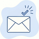 Envelope icon with a blue checkmark above it on a light blue abstract background.