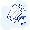 Hand signing a document with a pen, showing a signature at the bottom.