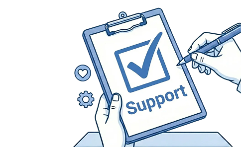 Illustration of hands holding a clipboard with a large checked box and the word 'Support', one hand writing with a pen.