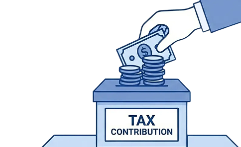 Hand placing money into a box labeled 'Tax Contribution' with coin stacks on top.
