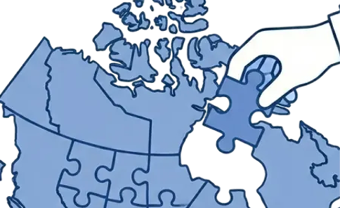 Illustration of a hand placing the last puzzle piece into a partially completed map of Canada.