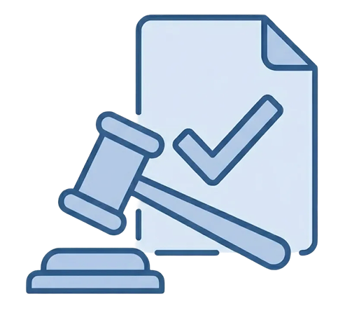 Illustration of a judge's gavel resting on its base with a document featuring a check mark in the background.