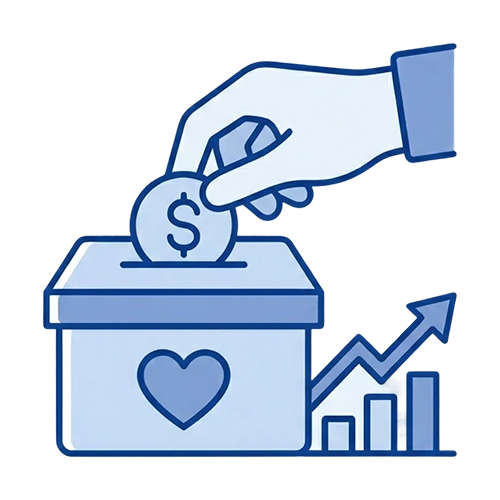 Hand placing a coin with a dollar sign into a donation box with a heart symbol and an upward trending bar graph.
