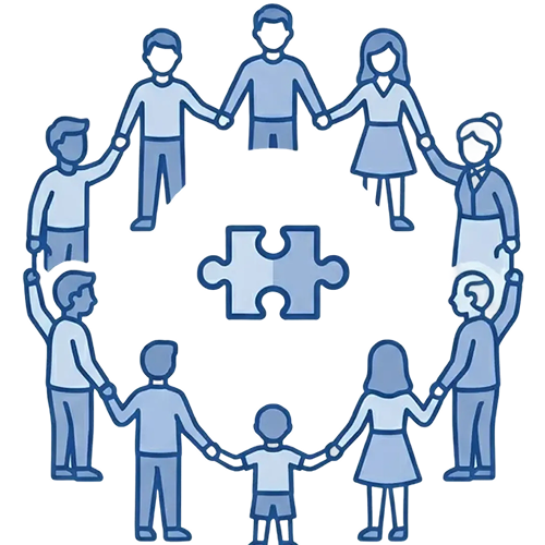 Illustration of diverse people holding hands in a circle around a central puzzle piece symbolizing unity and connection.
