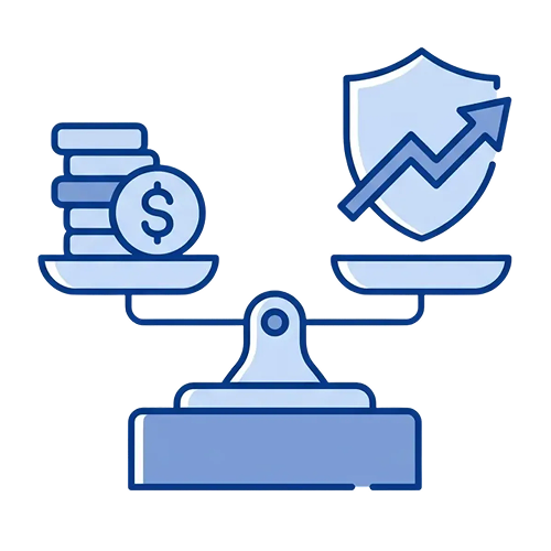 Balance scale with stacked coins on one side and a shield with an upward arrow on the other, symbolizing financial security and growth.