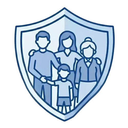 Shield icon featuring four faceless family figures representing two adults, one child, and one elderly person.