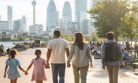Family of five walking hand in hand on a city boardwalk with skyscrapers in the background.