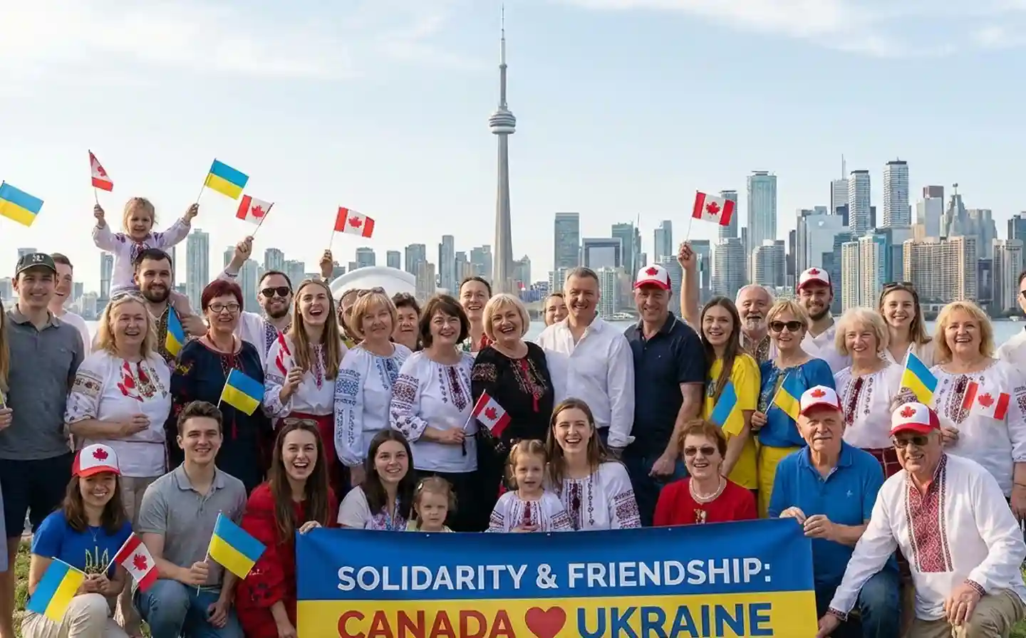 Group of people holding Canadian and Ukrainian flags and a banner reading 'Solidarity & Friendship: Canada ❤️ Ukraine' with Toronto skyline and CN Tower in background.