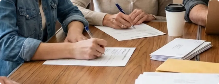 People sitting at a wooden table filling out documents with pens, with a coffee cup and stack of envelopes nearby.