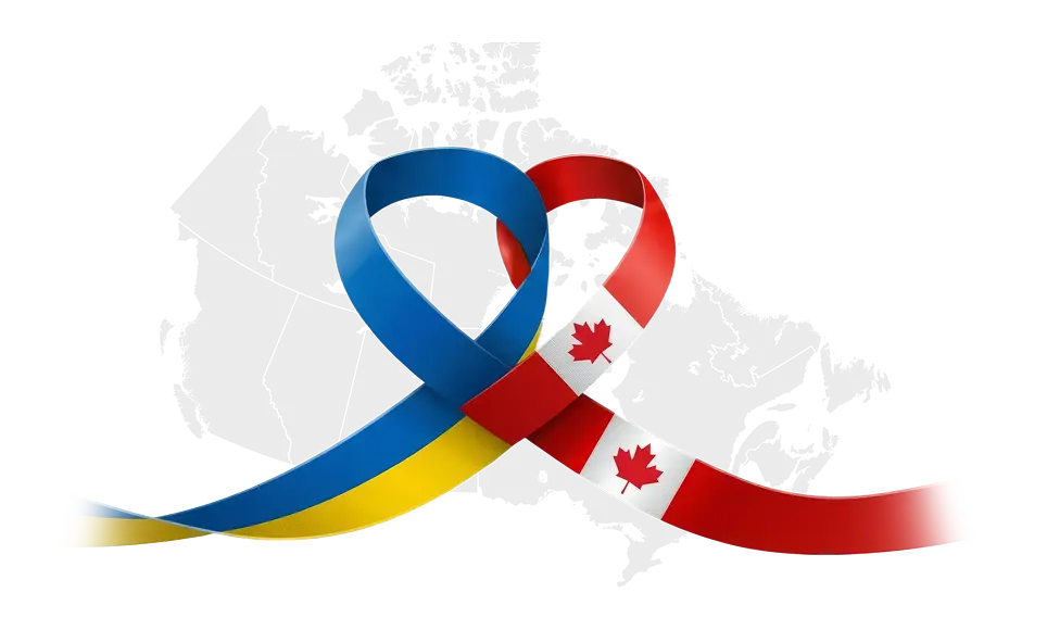 Two intertwined awareness ribbons in front of a transparent map of Canada; one ribbon is blue and yellow representing Ukraine, the other is red and white with a maple leaf representing Canada.