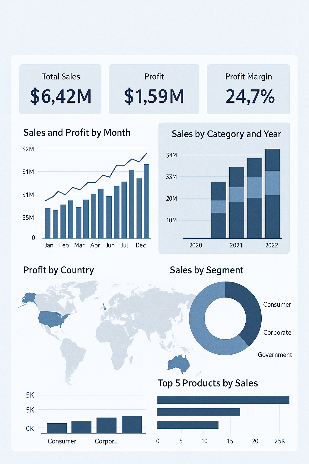 Dashboard showing total sales of $6.42M, profit of $1.59M, 24.7% profit margin, monthly sales and profit bar and line chart, sales by category stacked bar chart for 2020-2022, world map highlighting profit by country, sales by segment donut chart, and top 5 product sales bar chart.