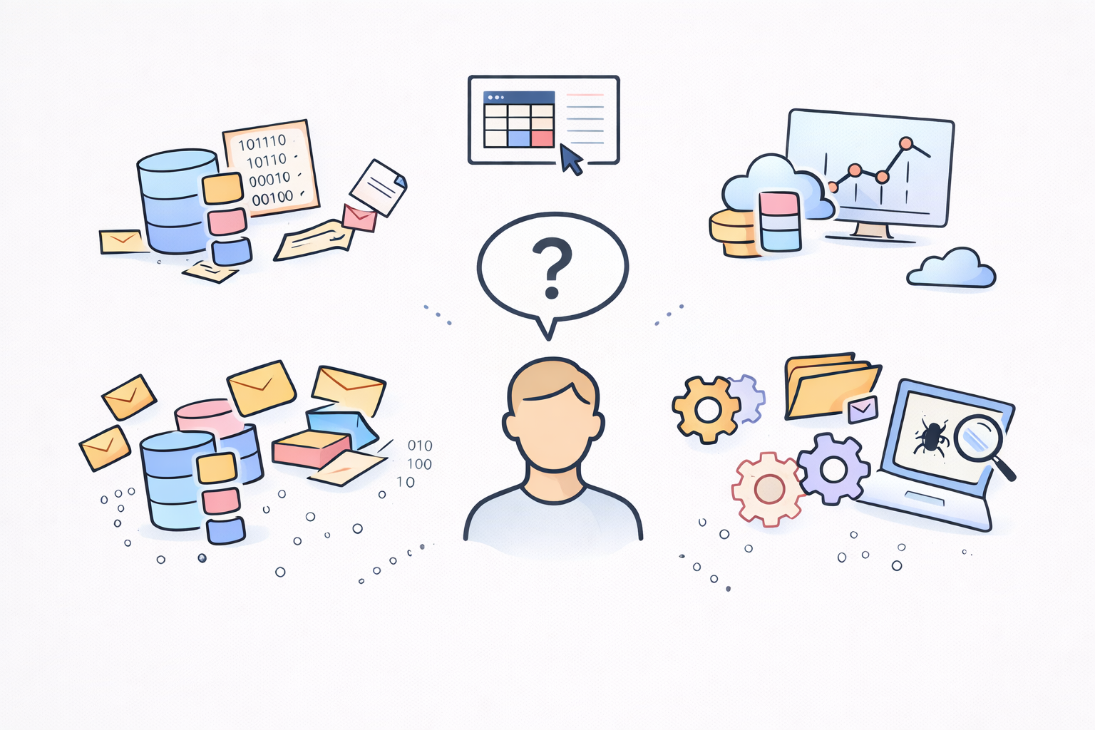 Illustration of a person surrounded by data icons, cloud storage, emails, settings gears, a calendar, and a laptop showing a bug under a magnifying glass, indicating data management and troubleshooting.