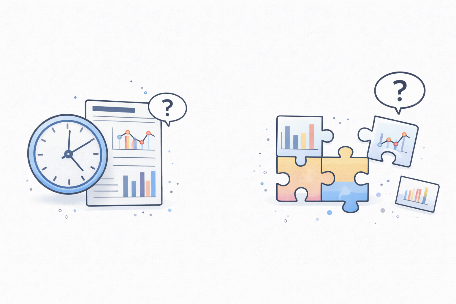 Illustration of a clock next to a report with charts and a question mark, and puzzle pieces with charts and a question mark symbolizing data analysis and problem-solving.