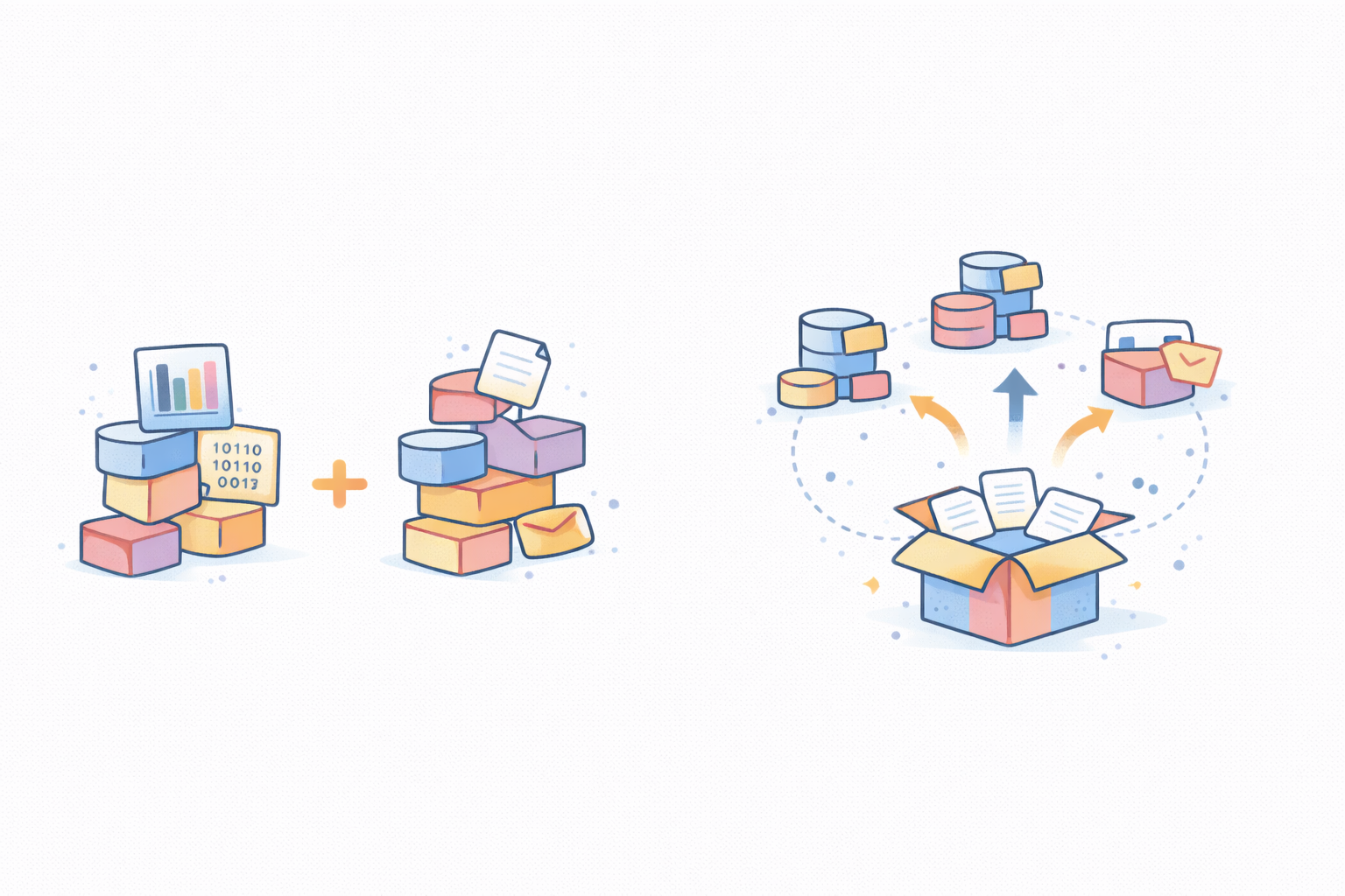 Illustration of multi-colored stacked blocks with data charts and documents on the left plus symbol, and an open box on the right with documents flowing out to connected stacks representing data organization and sharing.