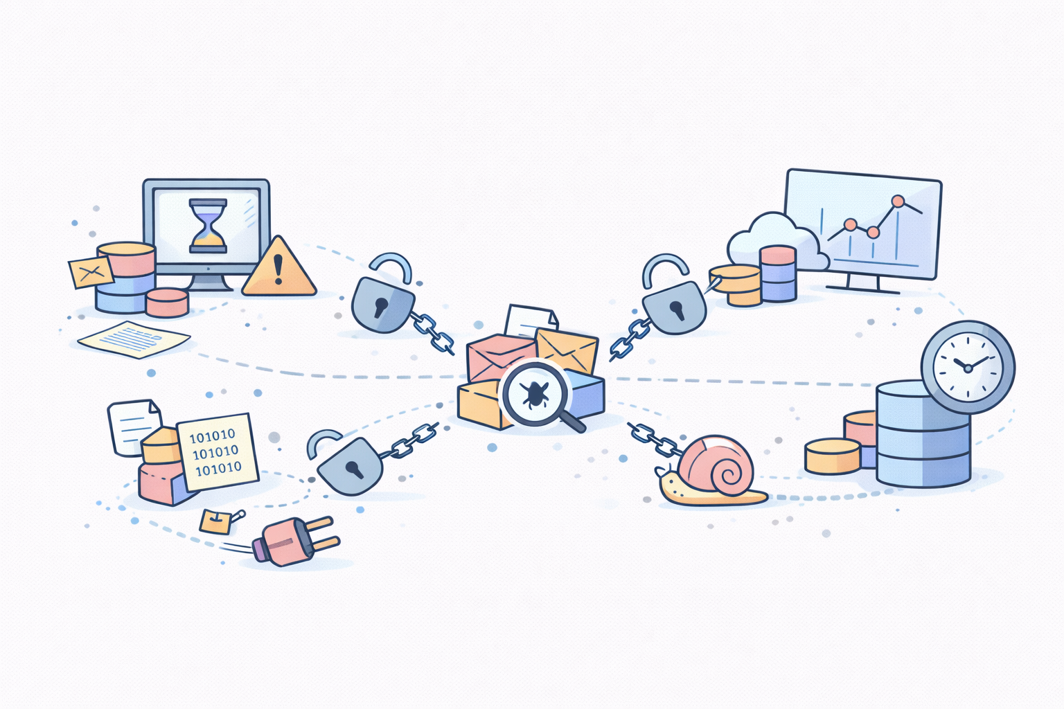 Illustration showing email bug detection connected to slow data, binary data, warnings, and analytical charts with unlocked padlocks.