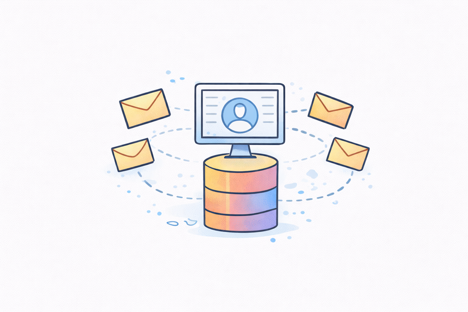 Database cylinder with a computer monitor displaying a user icon on top, surrounded by four flying envelope icons.