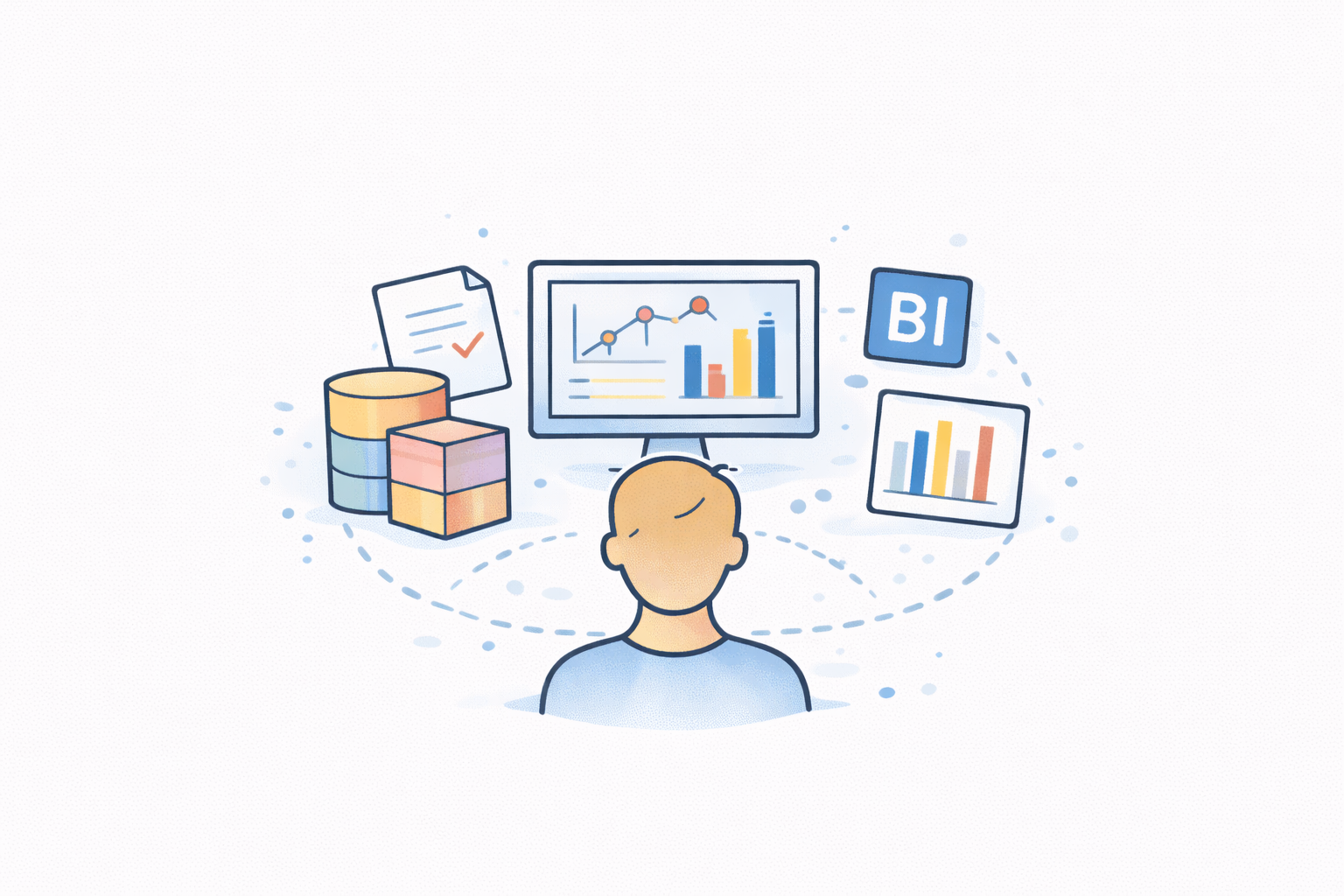 Person viewing data visualization charts, graphs, and business intelligence icons on a screen.