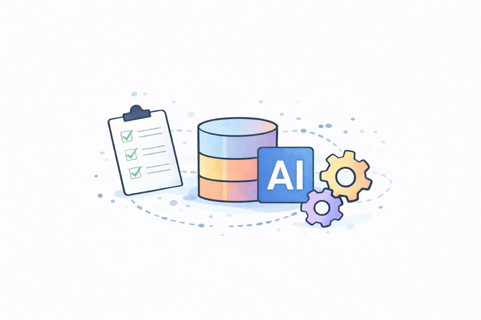 Illustration of a clipboard with checkmarks, a stacked database, an AI icon, and two gears representing AI technology and data processing.
