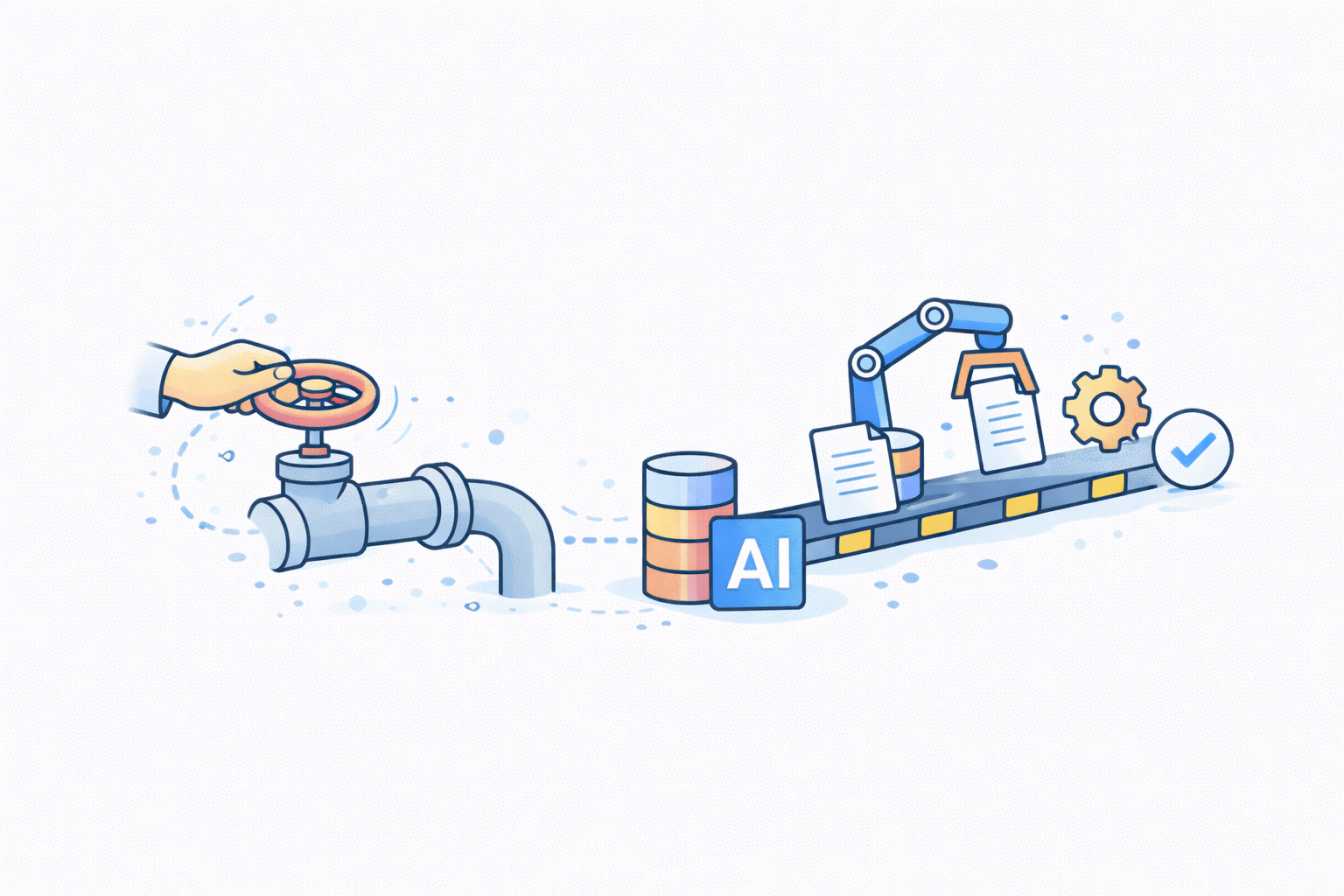 Hand turning a valve to start an AI-powered robotic process that sorts documents on a conveyor belt with a gear and checkmark at the end.